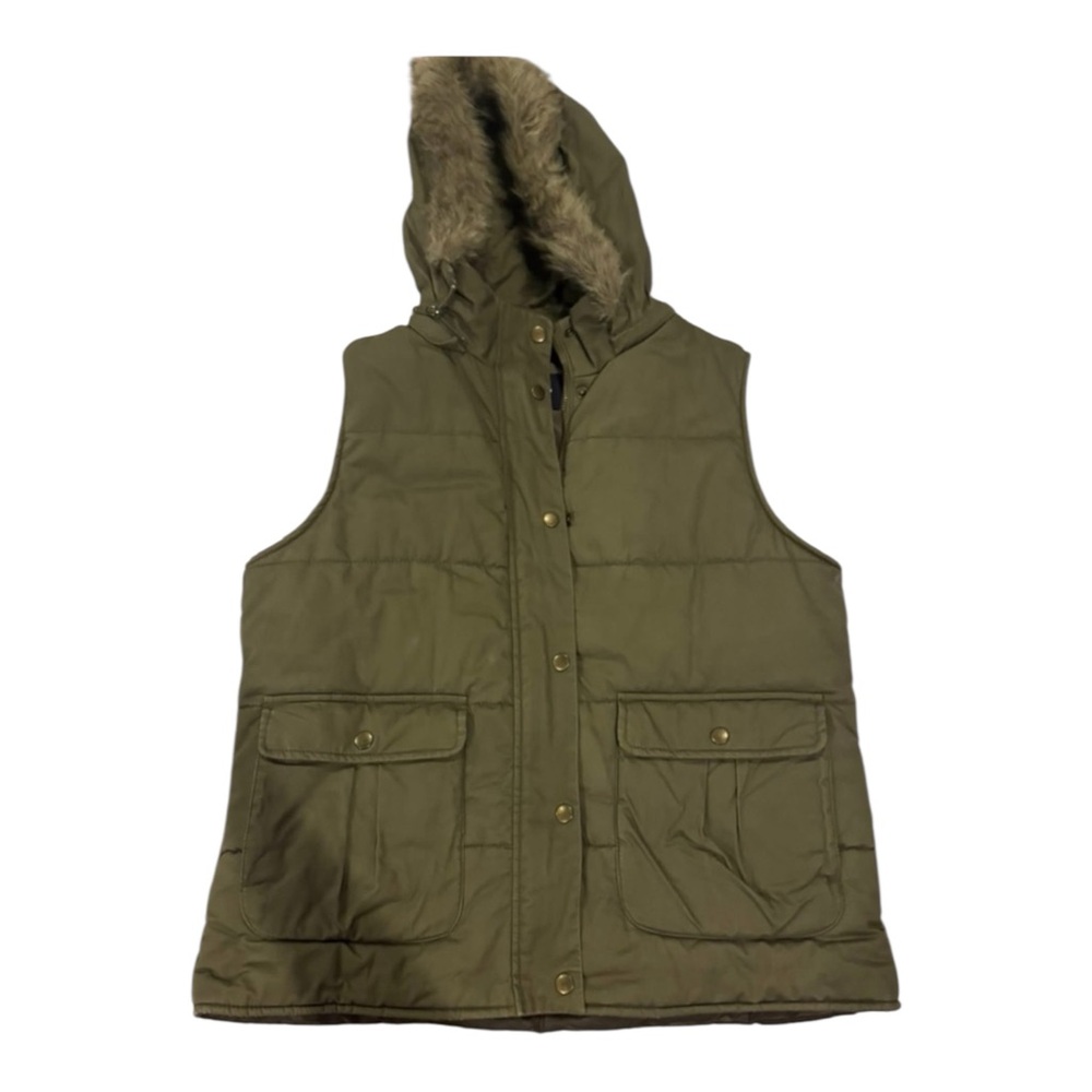 GAP‎ Olive Green Puffer Vest with Faux Fur Hood